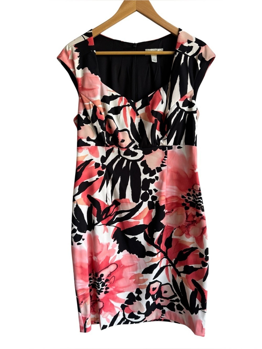 Dress Barn Tropical Sheath Dress Sz 14 Black Pink Floral Cocktail Party Sundress